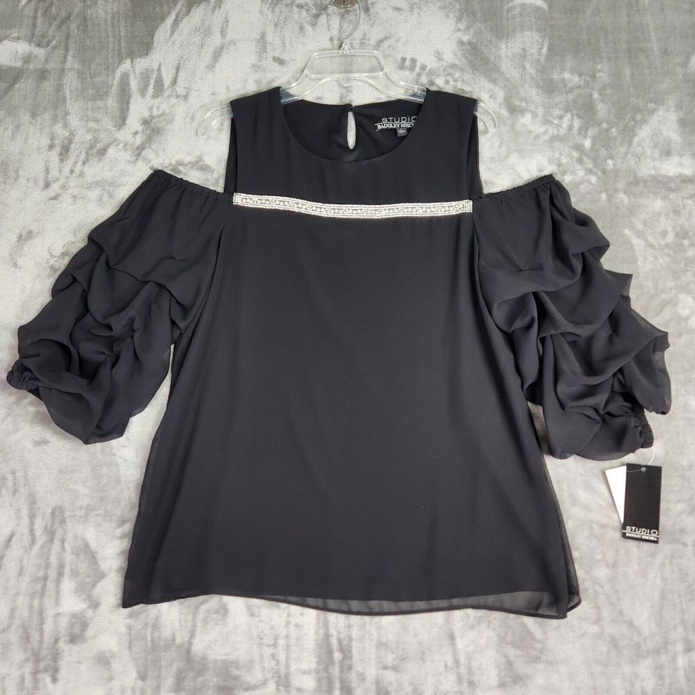 Badgley Mischka Womens Blouse L Black Rhinestone Cold Shoulder Evening Party NEW